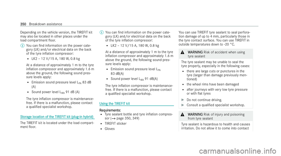 MERCEDES-BENZ A-CLASS HATCHBACK 2021  Owners Manual Depending on
theve hicle version, the TIREFIT kit
may also be located in other places under the
load compartment 0oor.
% You can /nd information on the po wer cate-
gory (LK) and/or electrical data 