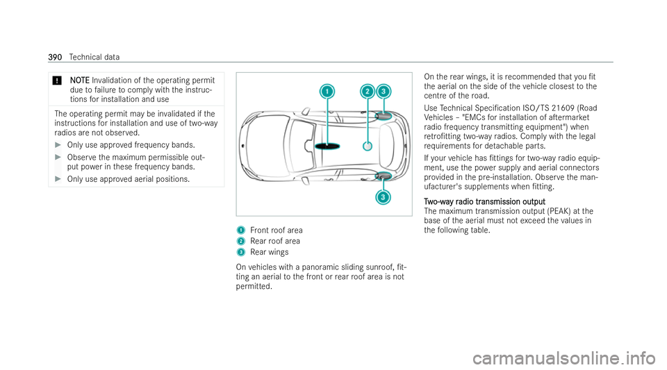 MERCEDES-BENZ A-CLASS HATCHBACK 2021  Owners Manual *
N
NO
OTE
TE Inva lidation of the operating permit
due tofailure tocomply with the inst ruc-
tions for installation and use The operating permit may be in
validated if the
inst ructions for installat
