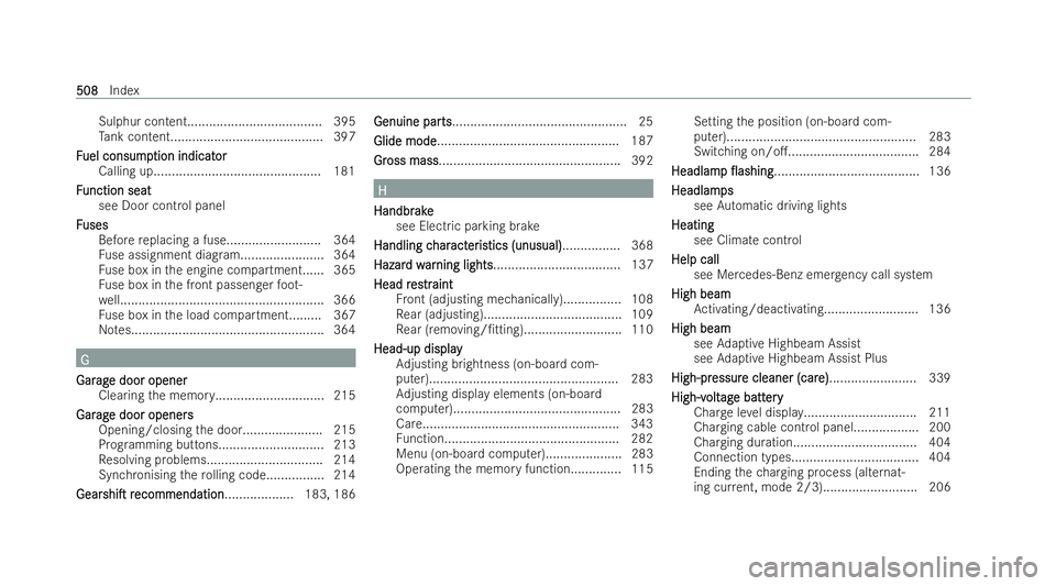 MERCEDES-BENZ A-CLASS HATCHBACK 2021  Owners Manual Sulphur content....................................
.395
Ta nk content.......................................... 397
F
F uel consump
uel consump tion indicat
tion indicator
or
Calling up..............