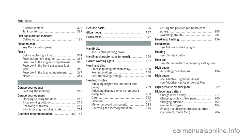 MERCEDES-BENZ A-CLASS HATCHBACK 2021 Owners Manual Sulphur content....................................
.395
Ta nk content.......................................... 397
F
F uel consump
uel consump tion indicat
tion indicator
or
Calling up..............