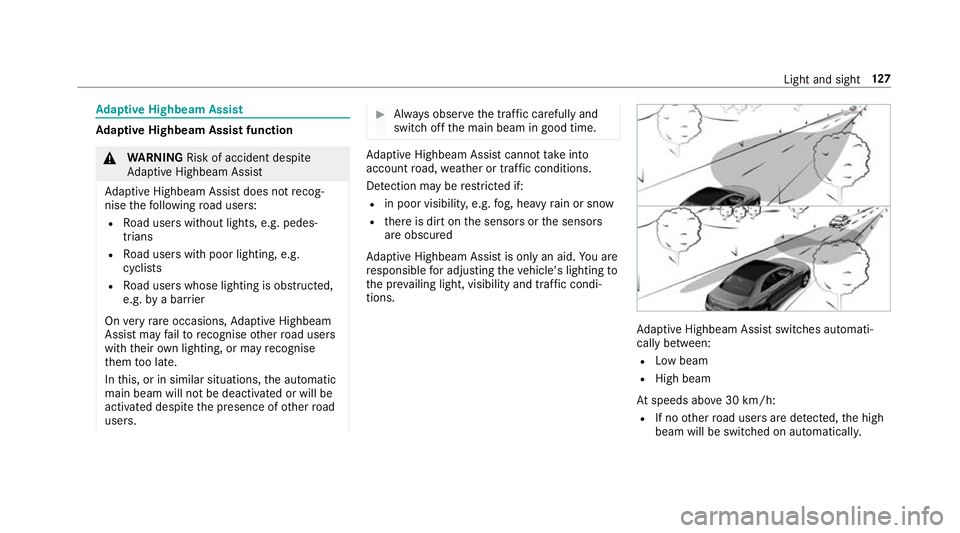 MERCEDES-BENZ A-CLASS HATCHBACK 2018  Owners Manual Ad
aptive Highbeam Assist Ad
aptive Highbeam Assist function &
WARNING Risk of accident despi te
Ad aptive Highbeam Assist
Ad aptive Highbeam Assist does not recog‐
nise thefo llowing road users:
R 