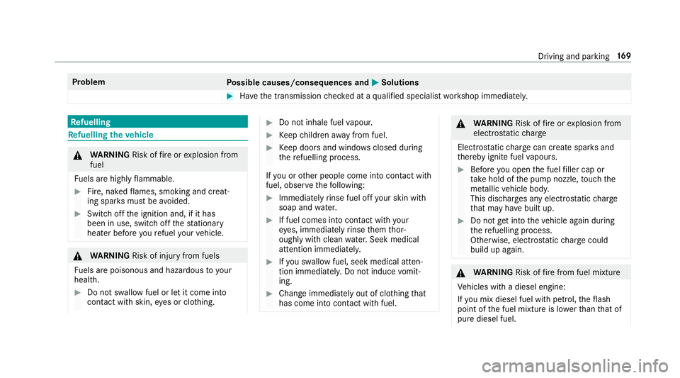 MERCEDES-BENZ A-CLASS HATCHBACK 2018 Owners Manual Problem
Possible causes/consequences and M
MSolutions #
Have the transmission checked at a qualified specialist workshop immediatel y. Re
fuelling Re
fuelling theve hicle &
WARNING Risk offire or expl MERCEDES-BENZ A-CLASS HATCHBACK 2018 Owners Manual Problem
Possible causes/consequences and M
MSolutions #
Have the transmission checked at a qualified specialist workshop immediatel y. Re
fuelling Re
fuelling theve hicle &
WARNING Risk offire or expl