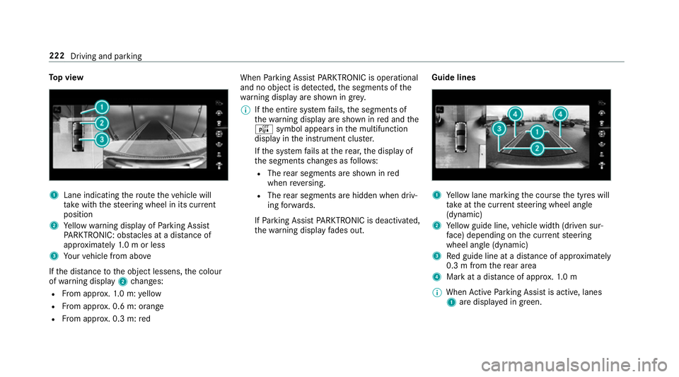 MERCEDES-BENZ A-CLASS HATCHBACK 2018 Owners Manual To
p view 1
Lane indicating thero ute theve hicle will
ta ke with thesteering wheel in its cur rent
position
2 Yellow warning display of Parking Assist
PA RKTRONIC: obstacles at a dis tance of
appr ox MERCEDES-BENZ A-CLASS HATCHBACK 2018 Owners Manual To
p view 1
Lane indicating thero ute theve hicle will
ta ke with thesteering wheel in its cur rent
position
2 Yellow warning display of Parking Assist
PA RKTRONIC: obstacles at a dis tance of
appr ox