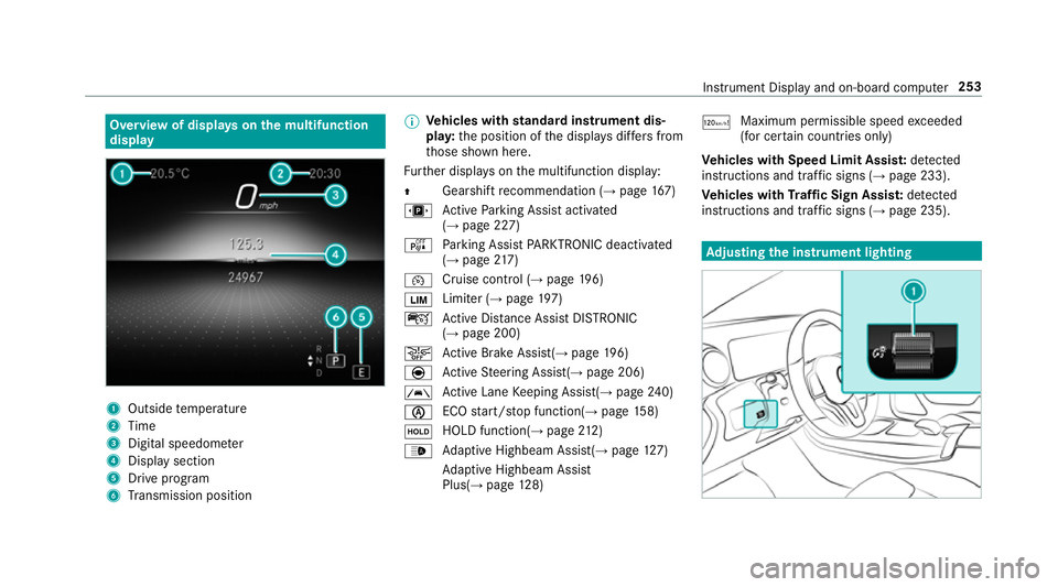 MERCEDES-BENZ A-CLASS HATCHBACK 2018 Owners Manual Overview of displa
yson the multifunction
display 1
Outside temp erature
2 Time
3 Digital speedome ter
4 Displ aysection
5 Drive program
6 Transmission position %
Ve
hicles with standard instrument di MERCEDES-BENZ A-CLASS HATCHBACK 2018 Owners Manual Overview of displa
yson the multifunction
display 1
Outside temp erature
2 Time
3 Digital speedome ter
4 Displ aysection
5 Drive program
6 Transmission position %
Ve
hicles with standard instrument di