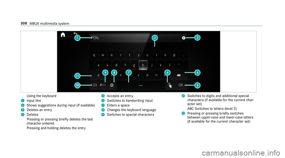 MERCEDES-BENZ A-CLASS HATCHBACK 2018 Owners Manual Using
theke yboard
1 Input line
2 Shows suggestions during input (if available)
3 Dele tes an entry
4 Dele tes
Pressing or pressing brief lydele testh e last
ch aracter entered
Pressing and holding de MERCEDES-BENZ A-CLASS HATCHBACK 2018 Owners Manual Using
theke yboard
1 Input line
2 Shows suggestions during input (if available)
3 Dele tes an entry
4 Dele tes
Pressing or pressing brief lydele testh e last
ch aracter entered
Pressing and holding de