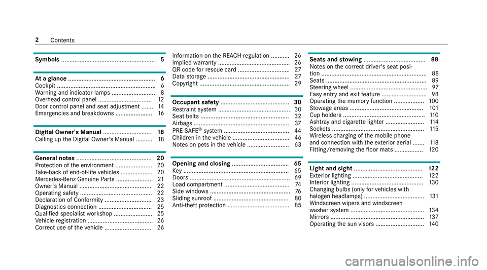 MERCEDES-BENZ A-CLASS HATCHBACK 2018 Owners Manual Symbols
........................................................ 5At
agl ance .................................................... 6
Cockpit ........................................................... MERCEDES-BENZ A-CLASS HATCHBACK 2018 Owners Manual Symbols
........................................................ 5At
agl ance .................................................... 6
Cockpit ...........................................................