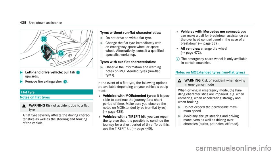 MERCEDES-BENZ A-CLASS HATCHBACK 2018 Owners Manual #
Left-hand drive vehicle: pulltab1
upwards. #
Remo vefire extinguisher 2. Flat tyre
Note
s onflat tyres &
WARNING Risk of accident due toaflat
tyre
A flat tyre se verely affects the driving charac‐ MERCEDES-BENZ A-CLASS HATCHBACK 2018 Owners Manual #
Left-hand drive vehicle: pulltab1
upwards. #
Remo vefire extinguisher 2. Flat tyre
Note
s onflat tyres &
WARNING Risk of accident due toaflat
tyre
A flat tyre se verely affects the driving charac‐