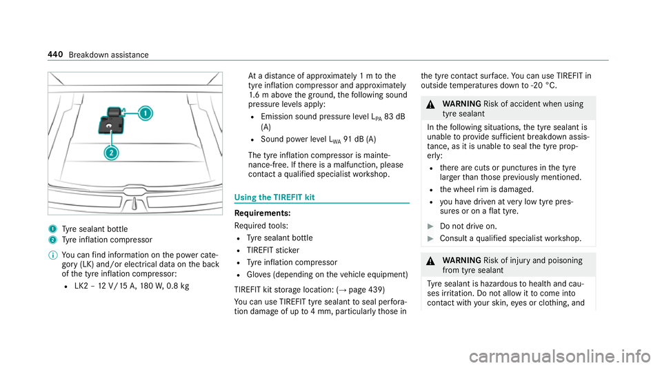 MERCEDES-BENZ A-CLASS HATCHBACK 2018 Owners Manual 1
Tyre sealant bottle
2 Tyre inflation compressor
% You can find information on the po wer cate‐
gory (LK) and/or electrical data on the back
of the tyre inflation compressor:
R LK2 – 12V/15 A,180 MERCEDES-BENZ A-CLASS HATCHBACK 2018 Owners Manual 1
Tyre sealant bottle
2 Tyre inflation compressor
% You can find information on the po wer cate‐
gory (LK) and/or electrical data on the back
of the tyre inflation compressor:
R LK2 – 12V/15 A,180