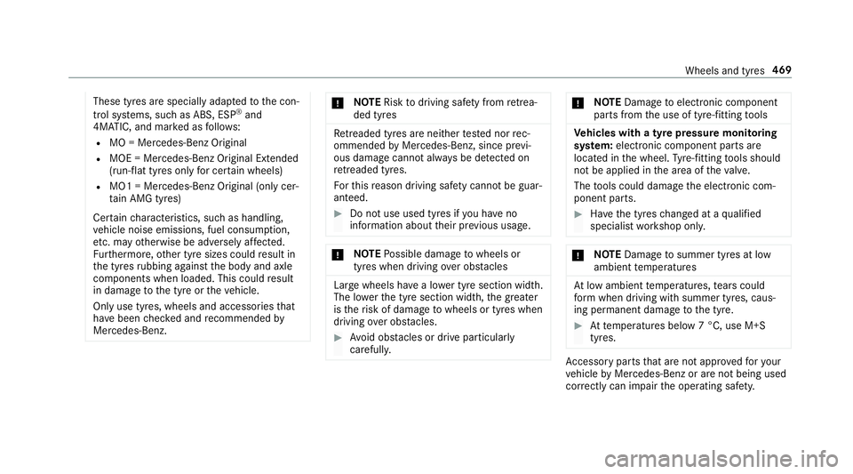 MERCEDES-BENZ A-CLASS HATCHBACK 2018  Owners Manual These tyres are specially adap
tedto the con‐
trol sy stems, such as ABS, ESP ®
and
4MATIC, and mar ked as follo ws:
R MO = Mercedes-Benz Original
R MOE = Mercedes-Benz Original Extended
(run-flat 