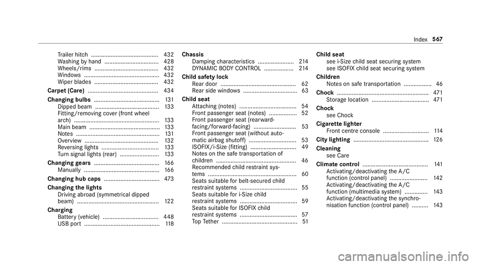 MERCEDES-BENZ A-CLASS HATCHBACK 2018  Owners Manual Tr
ailer hit ch......................................... 432
Wa shing byhand ................................. 428
Wheels/rims ....................................... 432
Wi ndo ws ...................
