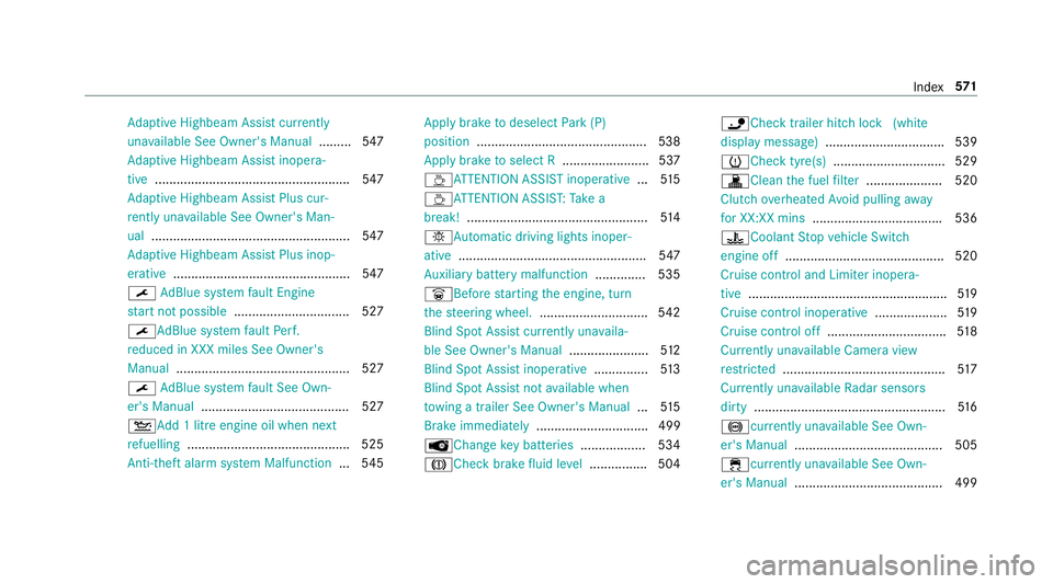 MERCEDES-BENZ A-CLASS HATCHBACK 2018 Owners Guide Ad
aptive Highbeam Assist cur rently
una vailable See Owner's Manual .........547
Ad aptive Highbeam Assist inopera‐
tive ...................................................... 547
Ad aptive Hig