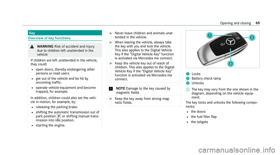 MERCEDES-BENZ A-CLASS HATCHBACK 2018 Repair Manual Key
Overview of
key functions &
WARNING Risk of accident and inju ry
due tochildren left unat tended in the
ve hicle
If ch ildren are left unat tended in theve hicle,
th ey could:
R open doo rs,th ere