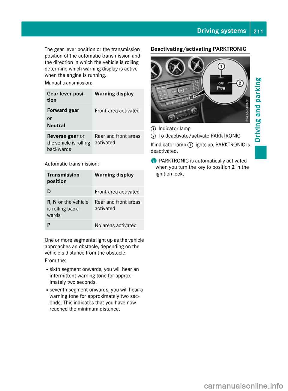 MERCEDES-BENZ A-CLASS HATCHBACK 2015 Owners Manual The gear lever position or the transmission
position of the automatic transmission and
the direction in which the vehicle is rolling
determine which warning display is active
when the engine is runnin MERCEDES-BENZ A-CLASS HATCHBACK 2015 Owners Manual The gear lever position or the transmission
position of the automatic transmission and
the direction in which the vehicle is rolling
determine which warning display is active
when the engine is runnin