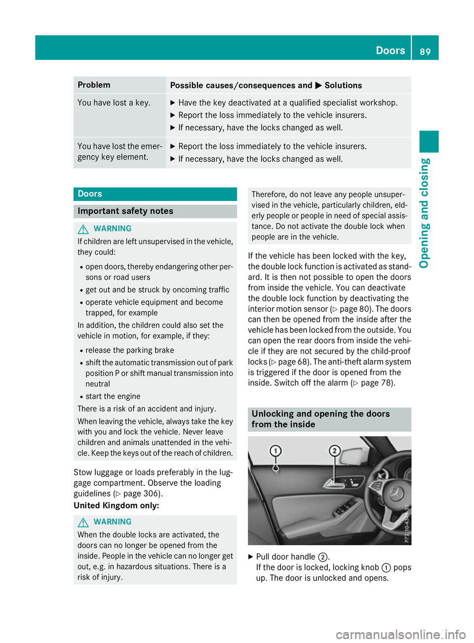 MERCEDES-BENZ A-CLASS HATCHBACK 2015 User Guide Problem
Possible causes/consequences and
M
MSolutions You have lost a key. X
Have the key deactivated at a qualified specialist workshop.
X Report the loss immediately to the vehicle insurers.
X If ne
