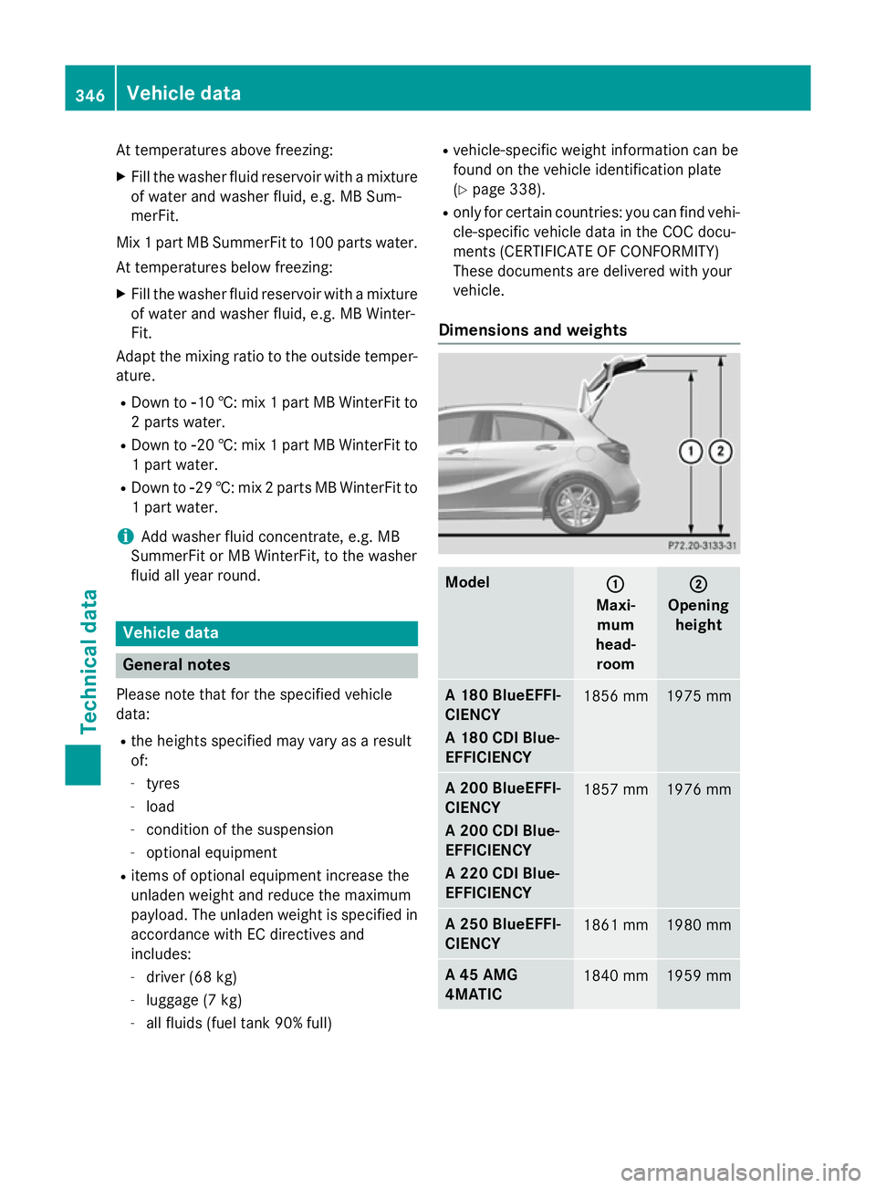 MERCEDES-BENZ A-CLASS HATCHBACK 2012 Owners Manual At temperatures above freezing:
X Fill the washer fluid reservoir with a mixture
of water and washer fluid, e.g. MB Sum-
merFit.
Mix 1 part MB SummerFit to 100 parts water.
At temperatures below freez MERCEDES-BENZ A-CLASS HATCHBACK 2012 Owners Manual At temperatures above freezing:
X Fill the washer fluid reservoir with a mixture
of water and washer fluid, e.g. MB Sum-
merFit.
Mix 1 part MB SummerFit to 100 parts water.
At temperatures below freez