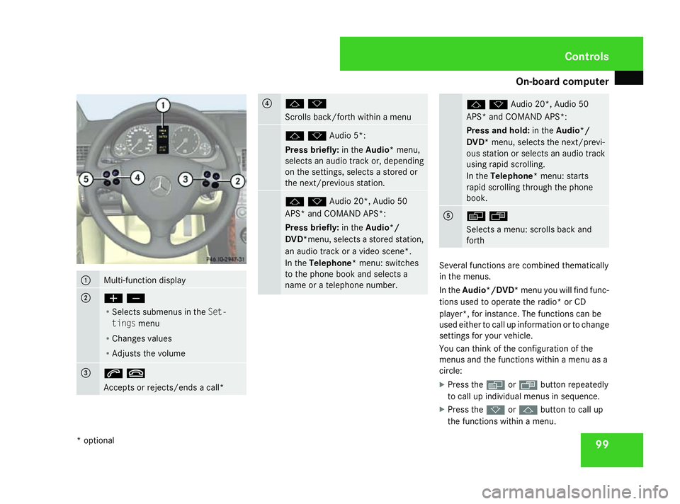 MERCEDES-BENZ A-CLASS HATCHBACK 2008  Owners Manual On-board computer
991
Multi-function display
2
æç
R
Selects submenus in the Set-
tings menu
R Changes values
R Adjusts the volume 3
st
Accepts or rejects/ends a call* 4
jk
Scrolls back/forth within 