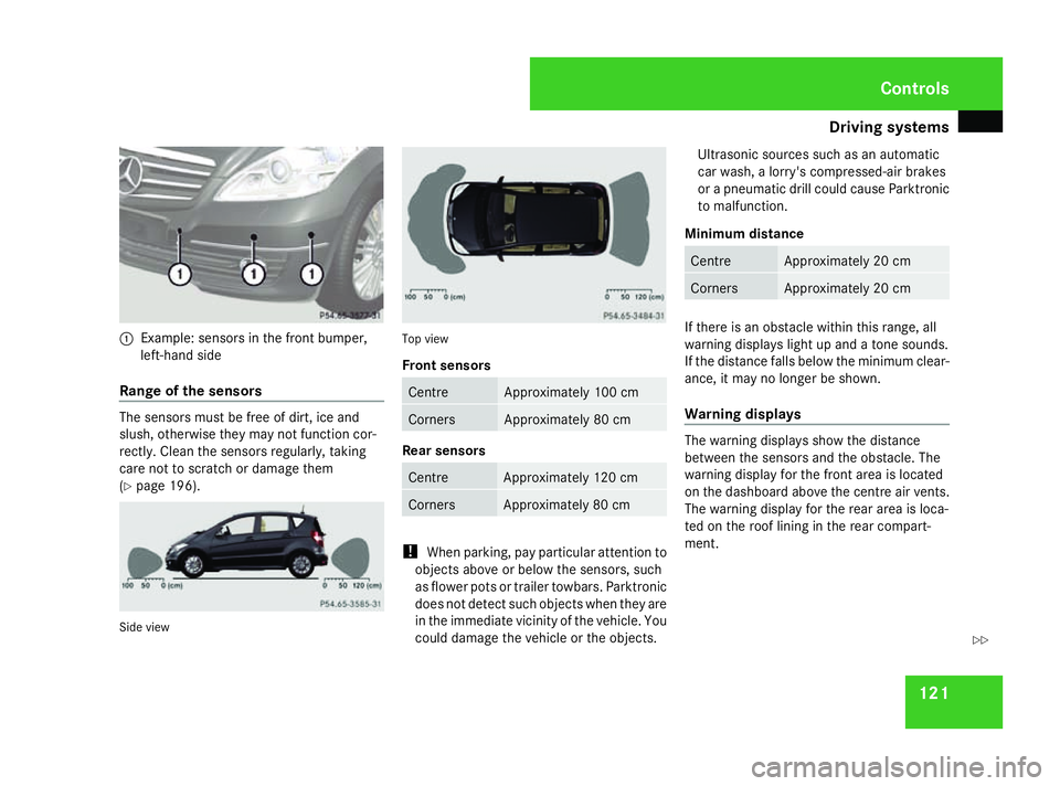 MERCEDES-BENZ A-CLASS HATCHBACK 2008  Owners Manual Driving sys
tems 1211
Example: sensors in the front bumper,
left-hand side
Range of the sensors The sensors must be free of dirt, ice and
slush, otherwise they may not function cor-
rectly. Clean the 