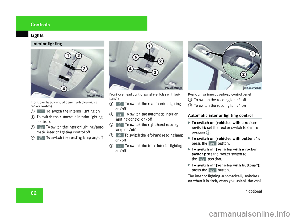 MERCEDES-BENZ A-CLASS HATCHBACK 2008 Manual Online Lights
82 Interior lighting
Front overhead control panel (vehicles with a
rocker switch)
1 ð To switch the interior lighting on
2 To switch the automatic interior lighting
control on
3 ¥ To switch t MERCEDES-BENZ A-CLASS HATCHBACK 2008 Manual Online Lights
82 Interior lighting
Front overhead control panel (vehicles with a
rocker switch)
1 ð To switch the interior lighting on
2 To switch the automatic interior lighting
control on
3 ¥ To switch t
