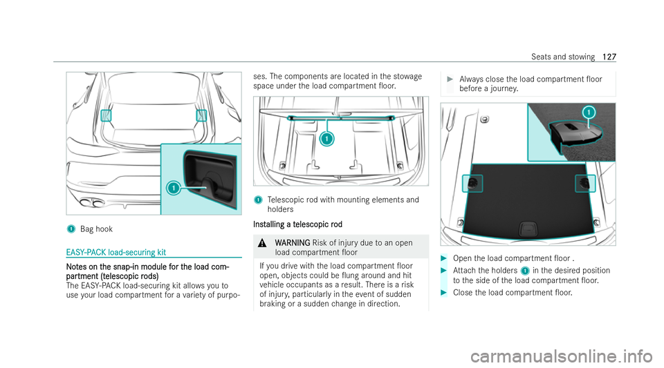 MERCEDES-BENZ AMG GT COUPE 2022  Owners Manual 1
Bag hook EASY
EASY
-PAC
-P AC K load-secur
K load-secur ing kit
ing kit N
No
ot
tes on t
es on t he snap-in module f
he snap-in module f or t
or the load com-
he load com-
par
par tment (t
tment (t 