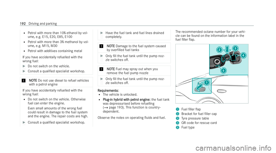 MERCEDES-BENZ AMG GT COUPE 2022  Owners Manual R
Petrol with more than 10% ethanol byvol-
ume, e.g. E15, E20, E85, E100
R Petrol with more than 3% me thanol byvol-
ume, e.g. M15, M30
R Petrol with additives containing me tal
If yo u ha veacciden t