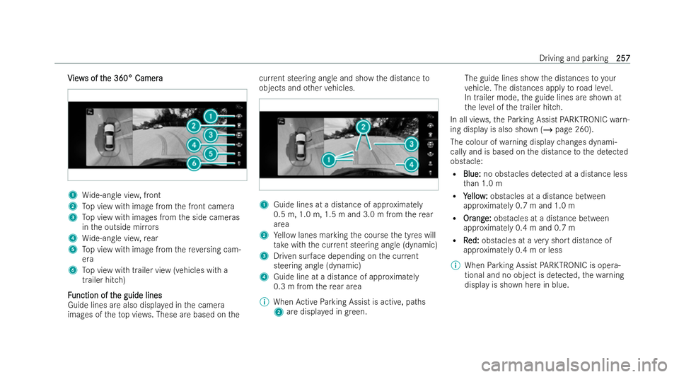MERCEDES-BENZ AMG GT COUPE 2022  Owners Manual V
V
iew
iew s of t
s of t he 360° Camera
he 360° Camera 1
Wide-angle vie w,front
2 Top view with image from the front camera
3 Top view with images from the side cameras
in the outside mir rors
4 Wi