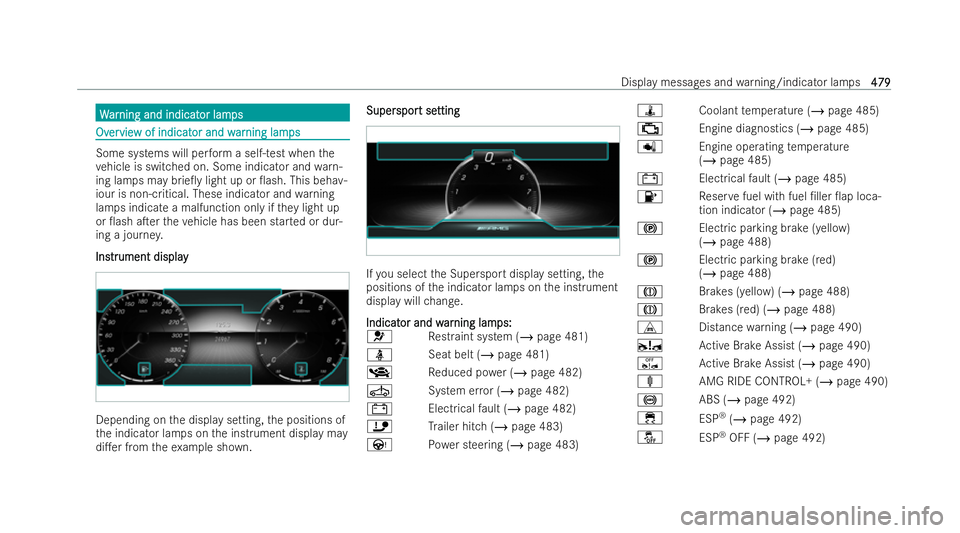MERCEDES-BENZ AMG GT COUPE 2022  Owners Manual W
W
ar
ar ning and indicat
ning and indicat or lam
or lamps
ps Ov
Ov
er
ervie
vie w of indicat
w of indicat or and w
or and war
arning lam
ning lam ps
ps Some systems will per
form a self-test when th