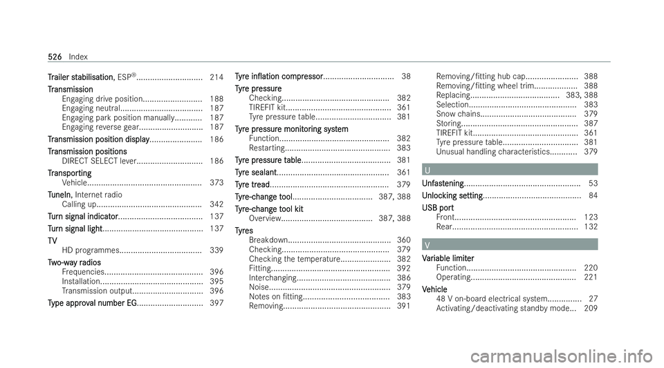 MERCEDES-BENZ AMG GT COUPE 2022  Owners Manual T
T
r
railer st
ailer st abilisation
abilisation , ESP®
............................. 214
Tr
Tr ansmission
ansmission
Engaging drive position.......................... 188
Engaging neutral...........