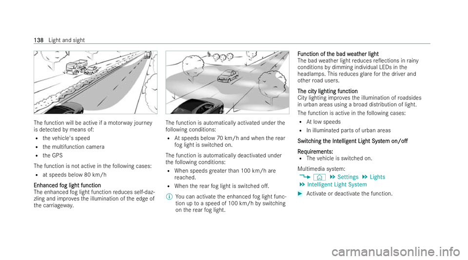 MERCEDES-BENZ AMG GT COUPE 2021  Owners Manual The function will be active if a mo
torw ay journey
is de tected bymeans of:
R theve hicle's speed
R the multifunction camera
R the GPS
The function is not active in thefo llowing cases:
R at spee