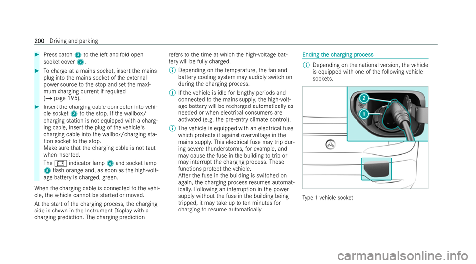 MERCEDES-BENZ AMG GT COUPE 2021  Owners Manual #
Press catch 3tothe leT and fold open
soc ket co ver7. #
Tocharge at a mains soc ket, insert the mains
plug into the mains soc ket of theex tern al
po we r source tothe stop and set the maxi-
mum ch