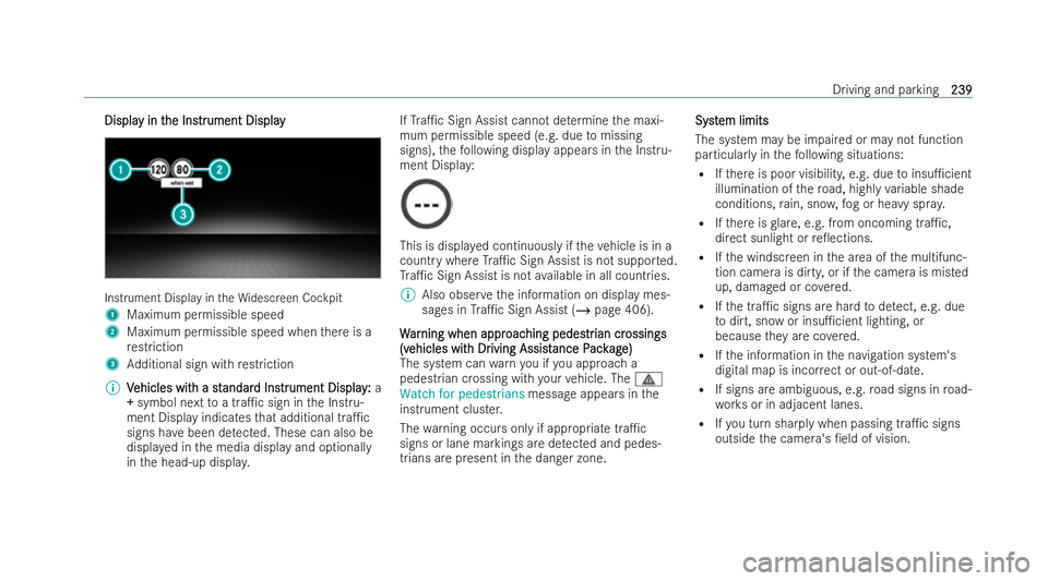 MERCEDES-BENZ AMG GT COUPE 2021  Owners Manual Displa
Displa
y in t
y in the Ins
he Instr trument Display
ument Display Instrument Display in
theWi descreen Cockpit
1 Maximum permissible speed
2 Maximum permissible speed when there is a
re stricti