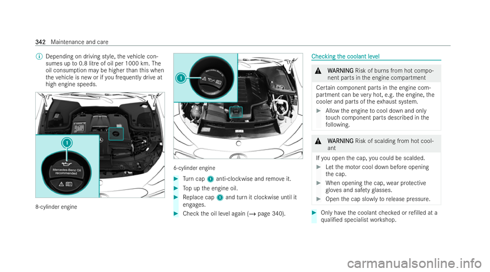 MERCEDES-BENZ AMG GT COUPE 2021  Owners Manual %
Depending on driving style, theve hicle con-
sumes up to0.8 litre of oil per 1000 km. The
oil consum ption may be higher than this when
th eve hicle is new or if you frequently drive at
high engine 