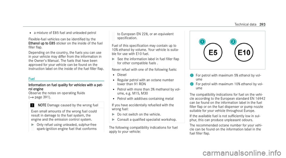 MERCEDES-BENZ AMG GT COUPE 2021  Owners Manual R
a mixtu reof E85 fuel and unleaded petrol
Flexible-fuel vehicles can be identi/ed bythe
Et
Et hanol up t
hanol up t o E85
o E85sticker on the inside of the fuel
/ller 0ap.
Depending on the countr