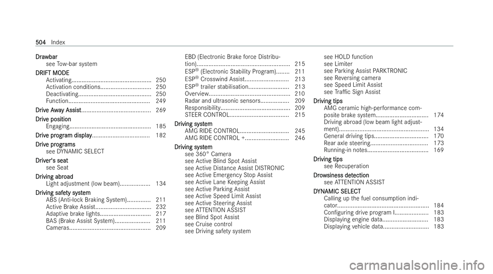 MERCEDES-BENZ AMG GT COUPE 2021  Owners Manual Dra
Dra
wbar
wbar
see Tow- bar system
DRIFT MODE
DRIFT MODE Activating............................................... 250
Ac tivation conditions.............................. 250
Deactivating.........