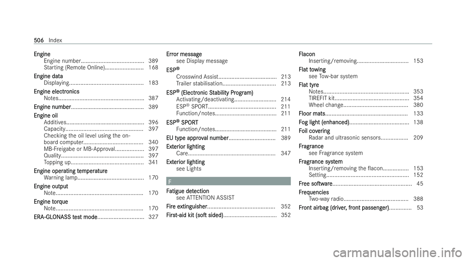 MERCEDES-BENZ AMG GT COUPE 2021  Owners Manual Engine
Engine
Engine number....................................... 389
St arting (Remo teOnline)........................ 168
Engine data
Engine data Displaying.........................................