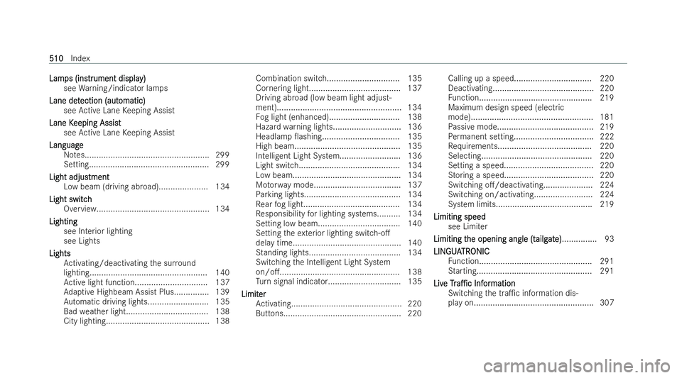 MERCEDES-BENZ AMG GT COUPE 2021  Owners Manual Lam
Lam
ps (ins
ps (instr trument displa
ument displa y)
y)
see Warning/indicator lamps
Lane det
Lane det ection (aut
ection (aut omatic)
omatic)
see Active Lane Keeping Assist
Lane K
Lane K eeping As