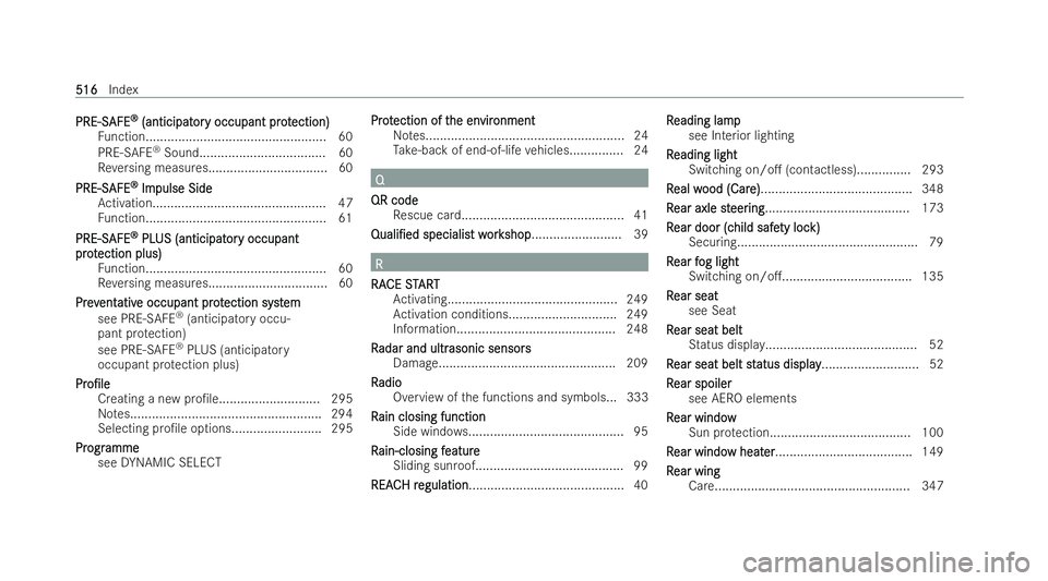 MERCEDES-BENZ AMG GT COUPE 2021  Owners Manual PRE-S
PRE-S
AFE
AFE®
®
(anticipat
(anticipat or
or y occupant pr ot
y occupant pr otection)
ection)
Fu nction.................................................. 60
PRE-SAFE ®
Sound..................