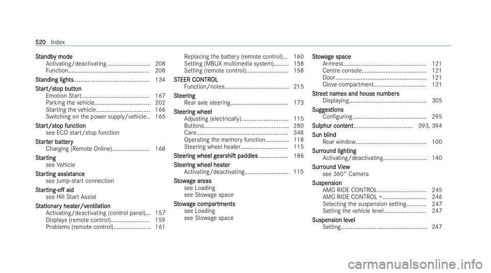 MERCEDES-BENZ AMG GT COUPE 2021  Owners Manual S
S
t
tandb
andb y mode
y mode
Ac tivating/deactivating.......................... 208
Fu nction................................................ 208
St
St anding lights
anding lights...................