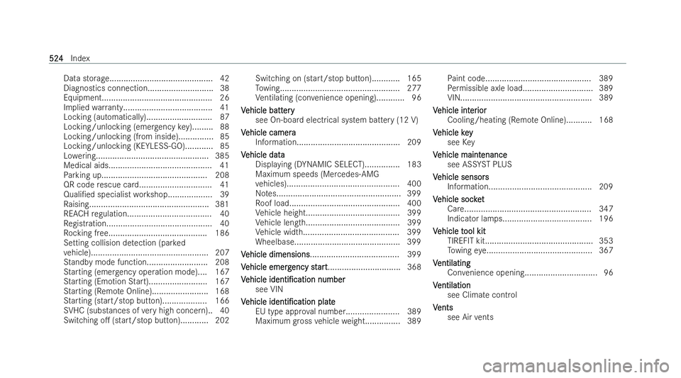MERCEDES-BENZ AMG GT COUPE 2021  Owners Manual Data storag
e............................................ 42
Diagnostics connection............................ 38
Equipment............................................... 26
Implied warrant y........