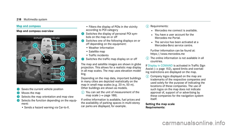 MERCEDES-BENZ AMG GT COUPE 2020 Owners Manual Map and compass
Map and compass
overview 1
Savesth e cur rent vehicle position
2 Movesth e map
3 Selects the map orientation and map view
4 Selects the function depending on the equip‐
ment:
• Sen MERCEDES-BENZ AMG GT COUPE 2020 Owners Manual Map and compass
Map and compass
overview 1
Savesth e cur rent vehicle position
2 Movesth e map
3 Selects the map orientation and map view
4 Selects the function depending on the equip‐
ment:
• Sen