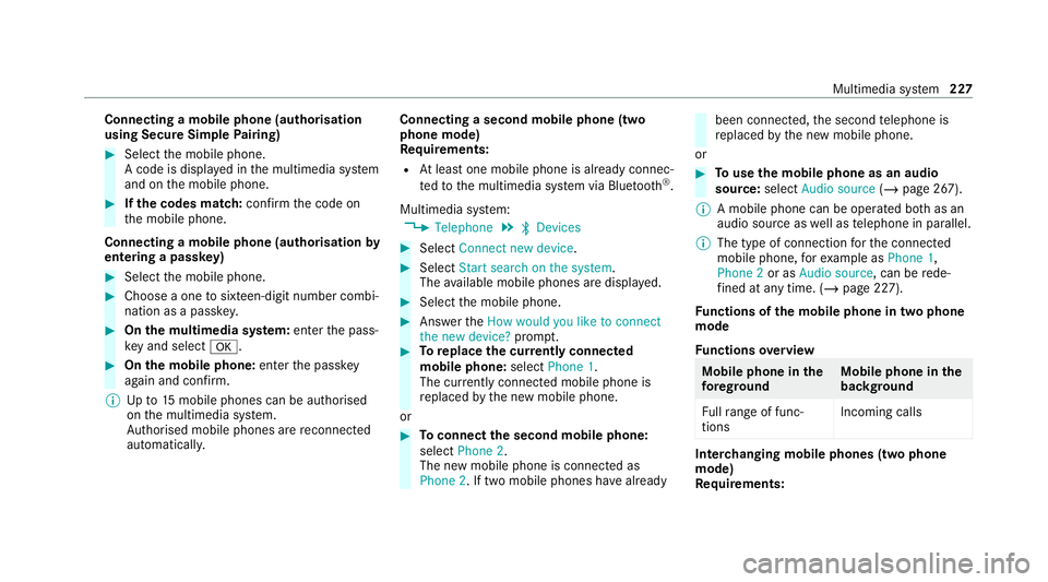 MERCEDES-BENZ AMG GT COUPE 2020 Owners Manual Connecting a mobile phone (au
thorisation
using Secure Simple Pairing) #
Select the mobile phone.
A code is displa yed in the multimedia sy stem
and on the mobile phone. #
Ifth e codes match: confirm MERCEDES-BENZ AMG GT COUPE 2020 Owners Manual Connecting a mobile phone (au
thorisation
using Secure Simple Pairing) #
Select the mobile phone.
A code is displa yed in the multimedia sy stem
and on the mobile phone. #
Ifth e codes match: confirm