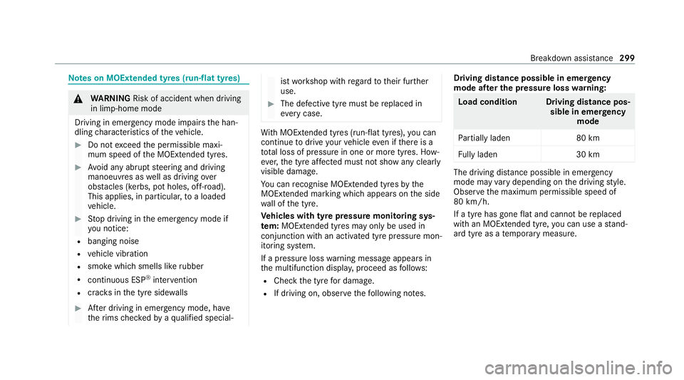 MERCEDES-BENZ AMG GT COUPE 2020 Owners Manual Note
s on MOExtended tyres (run-flat tyres) &
WARNING Risk of accident when driving
in limp -home mode
Driving in emergency mode impairs the han‐
dling characteristics of theve hicle. #
Do not excee MERCEDES-BENZ AMG GT COUPE 2020 Owners Manual Note
s on MOExtended tyres (run-flat tyres) &
WARNING Risk of accident when driving
in limp -home mode
Driving in emergency mode impairs the han‐
dling characteristics of theve hicle. #
Do not excee