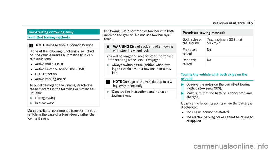 MERCEDES-BENZ AMG GT COUPE 2020 Owners Manual To
w- starting or towing away Pe
rm itted towing me thods *
NO
TEDama gefrom auto matic braking If one of
thefo llowing functions is switched
on, theve hicle brakes automatically in cer‐
ta in situa MERCEDES-BENZ AMG GT COUPE 2020 Owners Manual To
w- starting or towing away Pe
rm itted towing me thods *
NO
TEDama gefrom auto matic braking If one of
thefo llowing functions is switched
on, theve hicle brakes automatically in cer‐
ta in situa