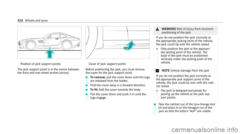 MERCEDES-BENZ AMG GT COUPE 2020 Owners Manual Po
sition of jack support points
The jack support point is in the cent rebetween
th e front and rear wheel ar ches (ar row). Co
ver of jack support points
Before positioning the jac k,you must remo ve MERCEDES-BENZ AMG GT COUPE 2020 Owners Manual Po
sition of jack support points
The jack support point is in the cent rebetween
th e front and rear wheel ar ches (ar row). Co
ver of jack support points
Before positioning the jac k,you must remo ve