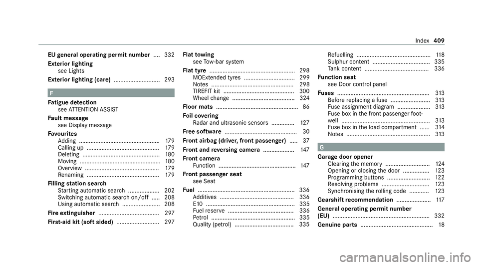MERCEDES-BENZ AMG GT COUPE 2020  Owners Manual EU
general operating permit number ....332
Exterior lighting see Lights
Exterior lighting (care) ............................ 293F
Fa tigue de tection
see ATTENTION ASSIST
Fa ult message
see Display m