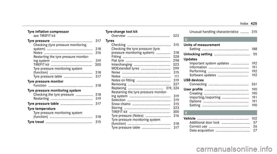 MERCEDES-BENZ AMG GT COUPE 2020  Owners Manual Ty
re inflation compressor
see TIREFIT kit
Ty re pressure ........................................... 317
Checking (tyre pressure monitoring
sy stem) ................................................ 3
