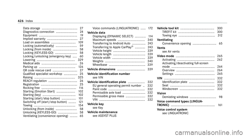 MERCEDES-BENZ AMG GT COUPE 2020  Owners Manual Data
storage .......................................... 27
Diagno stics connection ........................ .24
Equipment ............................................. 19
Implied warranty ............