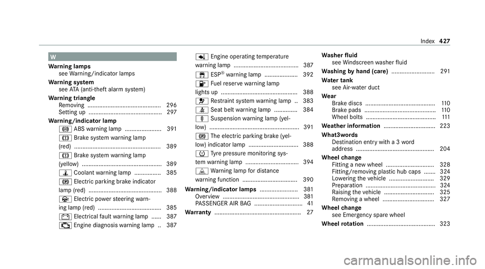 MERCEDES-BENZ AMG GT COUPE 2020  Owners Manual W
Wa rning lamps
see Warning/indicator lamps
Wa rning sy stem
see ATA (anti-theft alarm sy stem)
Wa rning triangle
Re moving ............................................ 296
Setting up ...............