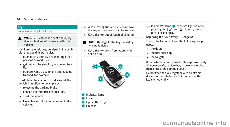 MERCEDES-BENZ AMG GT COUPE 2020 Workshop Manual Key
Overview of
key functions &
WARNING Risk of accident and inju ry
due tochildren left unat tended in the
ve hicle
If ch ildren are left unsupervised in theve hi‐
cle, they could, in part icular:
