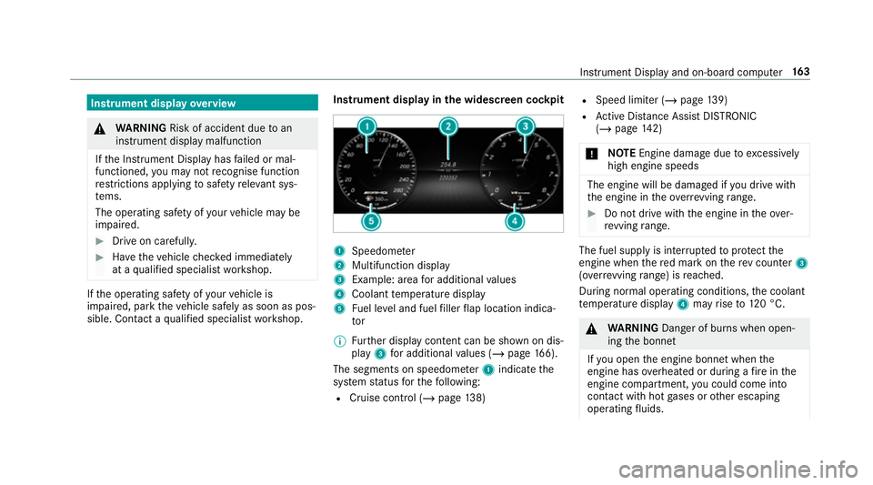 MERCEDES-BENZ AMG GT COUPE 2018  Owners Manual Instrument display
overview &
WARNING Risk of accident due toan
instrument display malfunction
If th e Instrument Display has failed or mal‐
functioned, you may not recognise function
re strictions 