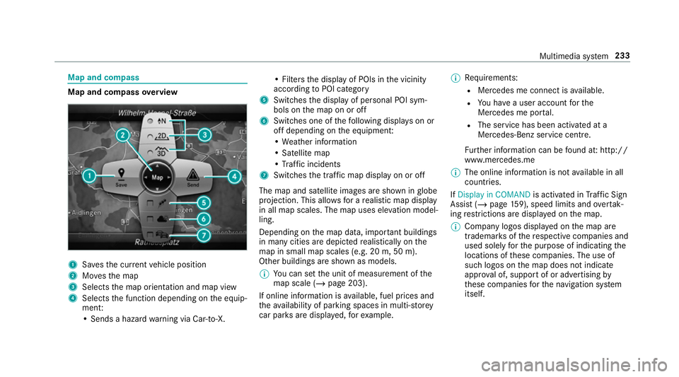 MERCEDES-BENZ AMG GT COUPE 2018 Owners Manual Map and compass
Map and compass
overview 1
Savesth e cur rent vehicle position
2 Movesth e map
3 Selects the map orientation and map view
4 Selects the function depending on the equip‐
ment:
• Sen MERCEDES-BENZ AMG GT COUPE 2018 Owners Manual Map and compass
Map and compass
overview 1
Savesth e cur rent vehicle position
2 Movesth e map
3 Selects the map orientation and map view
4 Selects the function depending on the equip‐
ment:
• Sen